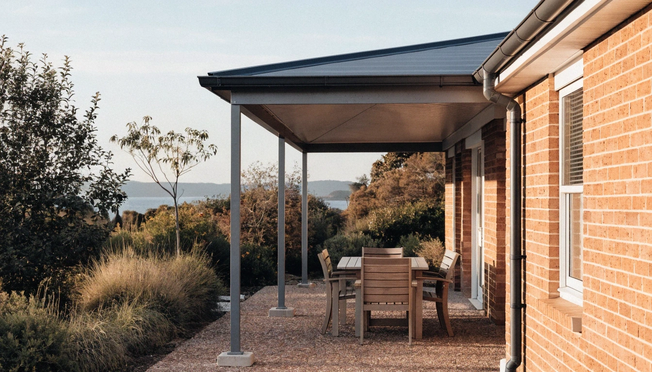 Covered patio with a Colorbond roof at a Lake Macquarie home overlooking the lake