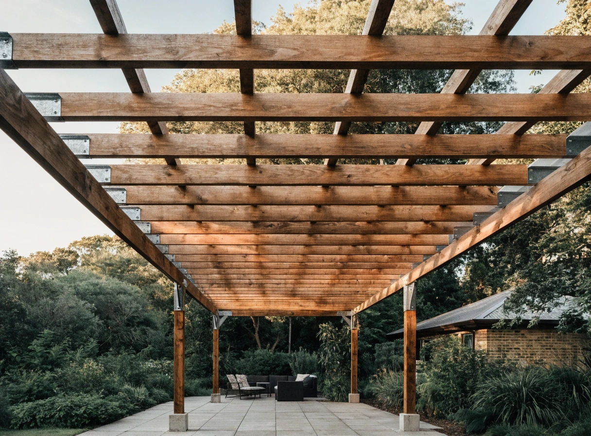 Timber pergola over an outdoor lounge area in a leafy Lake Macquarie backyard