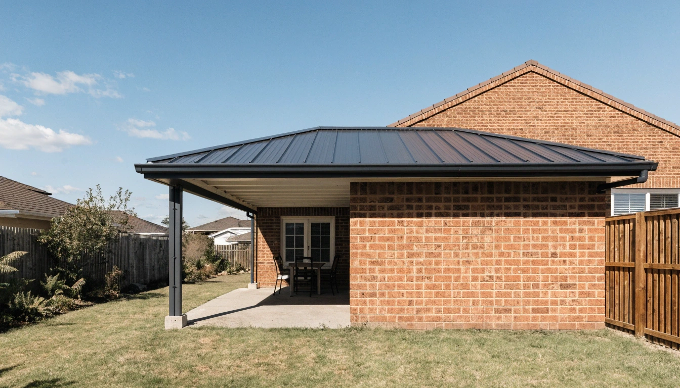 Completed Colorbond patio attached to a Newcastle brick home, ready for outdoor dining
