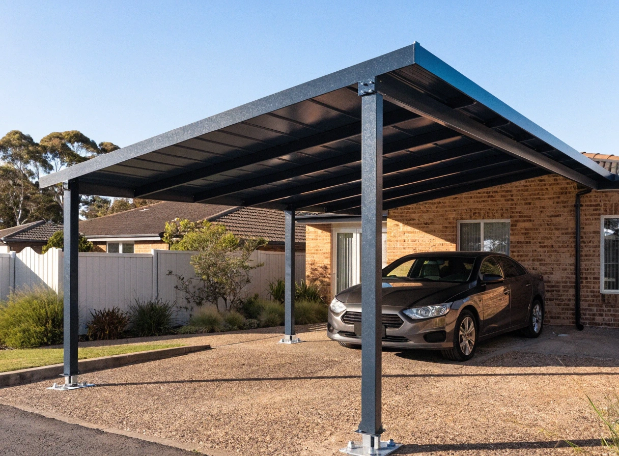 Newly built Colorbond carport sheltering a car beside a brick home