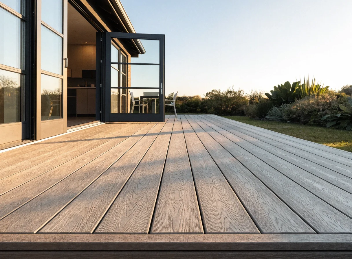 Low-maintenance composite deck adjoining a home with open sliding doors