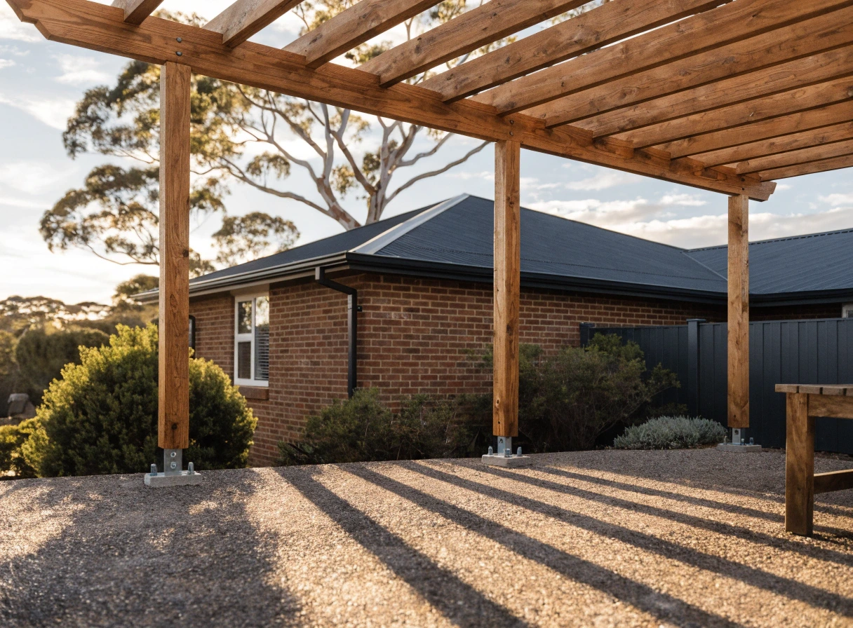 Custom timber pergola over a paved outdoor area at a Newcastle brick home