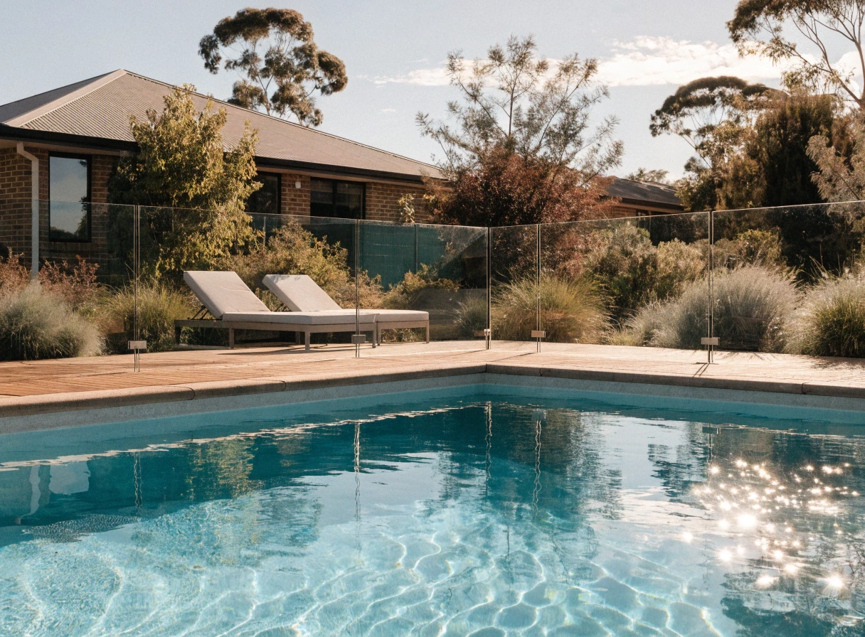 Timber pool decking with frameless glass fencing around a backyard pool