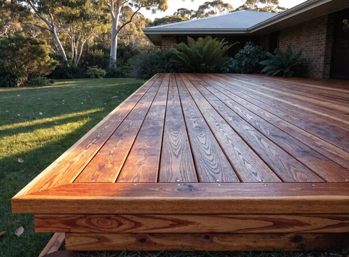 Freshly oiled hardwood timber deck stepping down to a garden