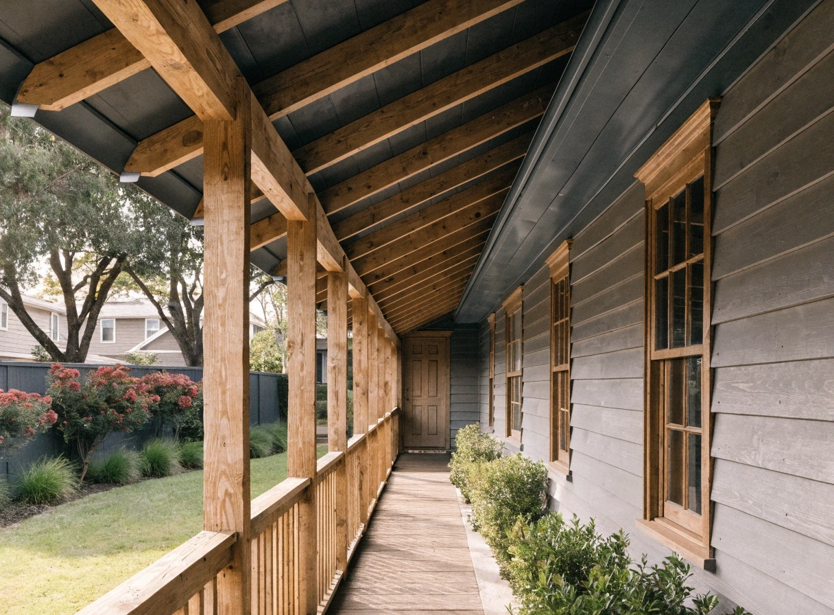 Covered timber verandah running along the side of an Australian home